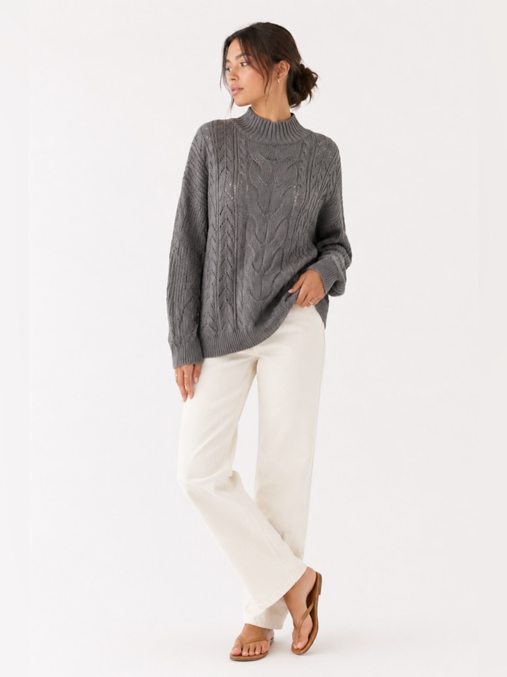 C&C California Gray Cable Knit Sweater Cozy Chunky Knit Neutral Small